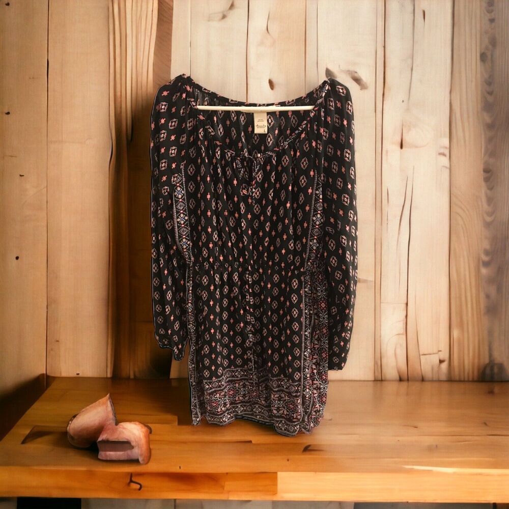 American Rag Boho Peasant‎ Dress Floral-Size Large Long Sleeve Black Red Pattern